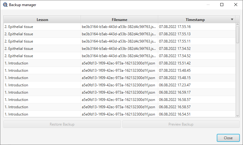 Backup management dialog